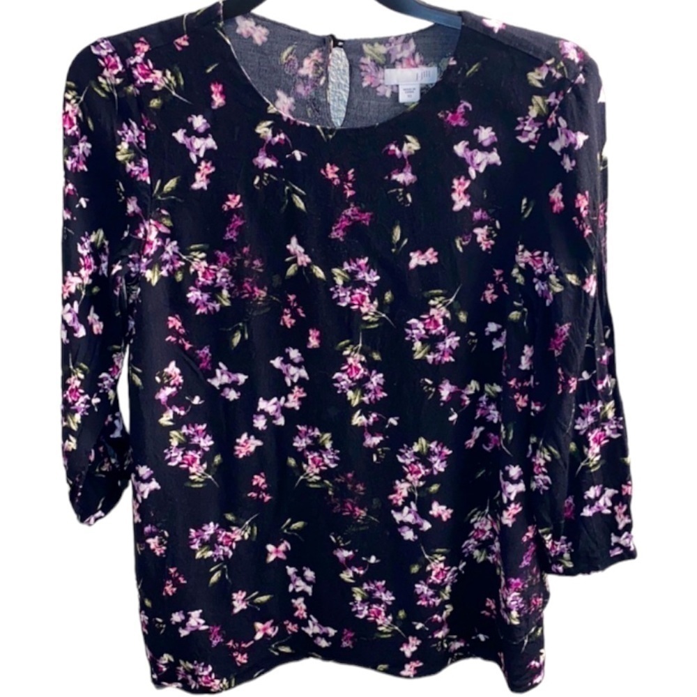 J. Jill Blouse Shirt Top Lightweight Liberty Ditsy Floral Black & Purple Flowers
